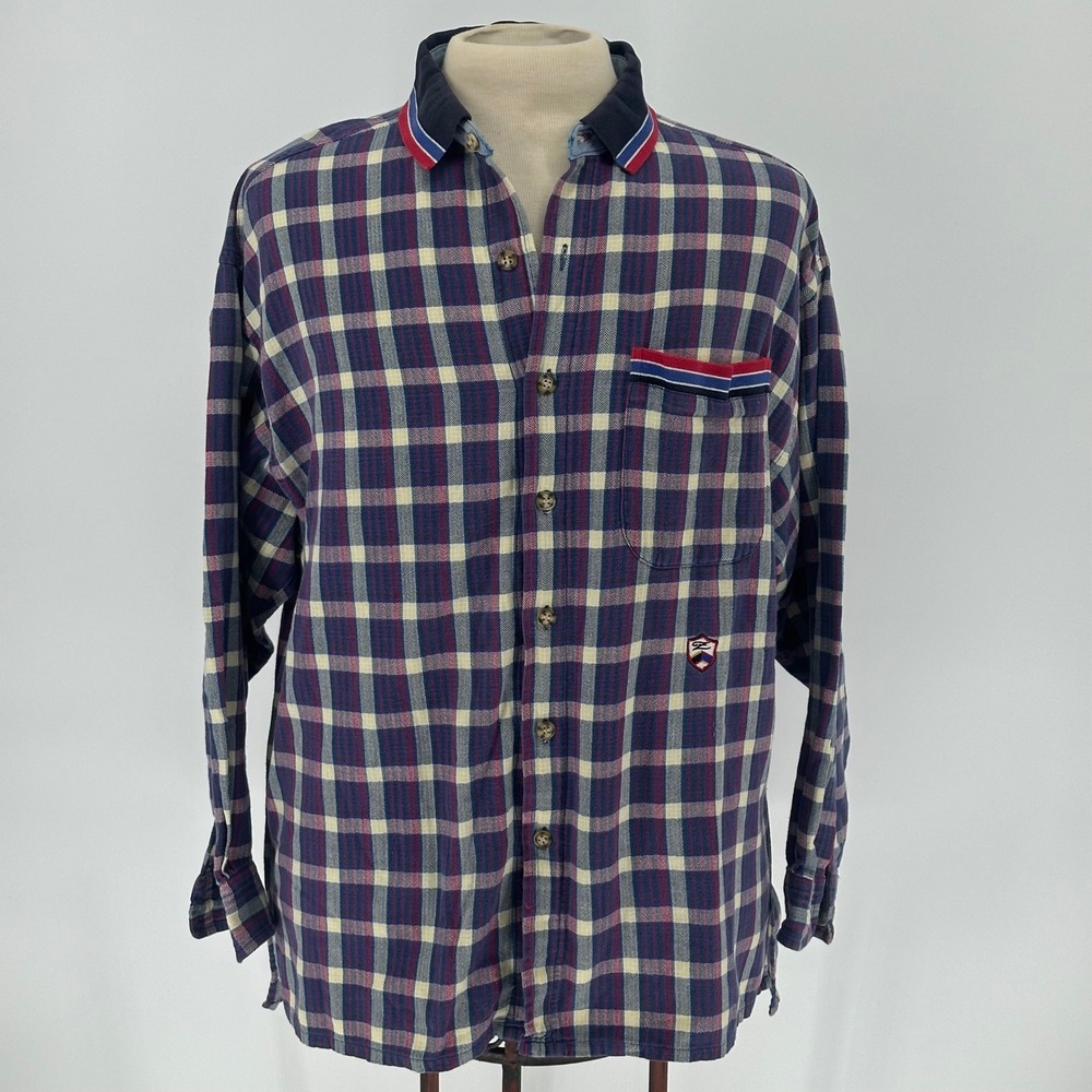 Vintage‎ 90s Ziza Navy Plaid Flannel Button Down Shirt Men's XL Retro Grunge